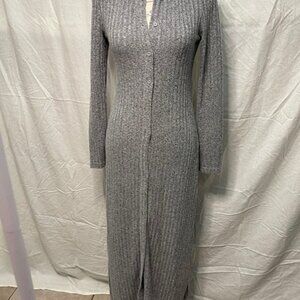 Women's Buttoned Front Ribbed Knit Long Sweater Dress, Grey, Autumn/Winter